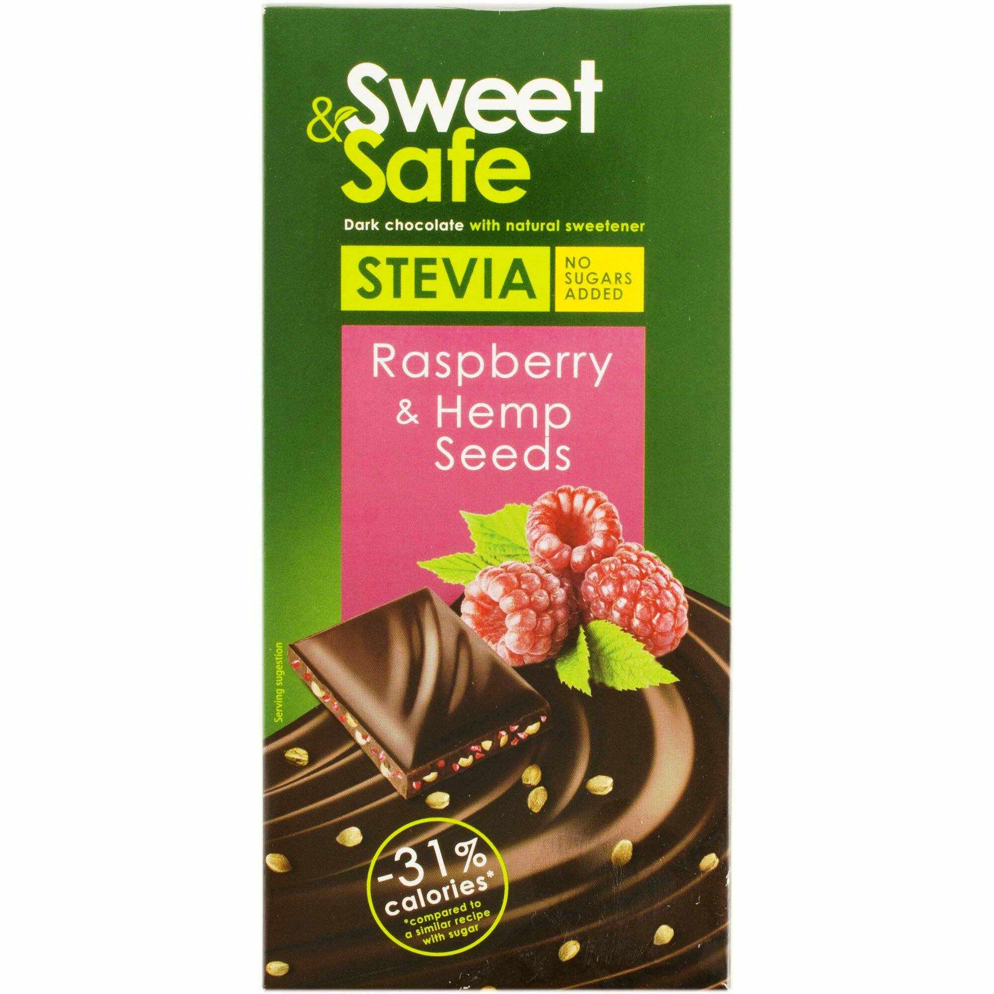 Ciocolata amaruie cu Seminte de Canepa si Zmeura, indulcita cu Stevia 90g - Sweet&Safe - Sly