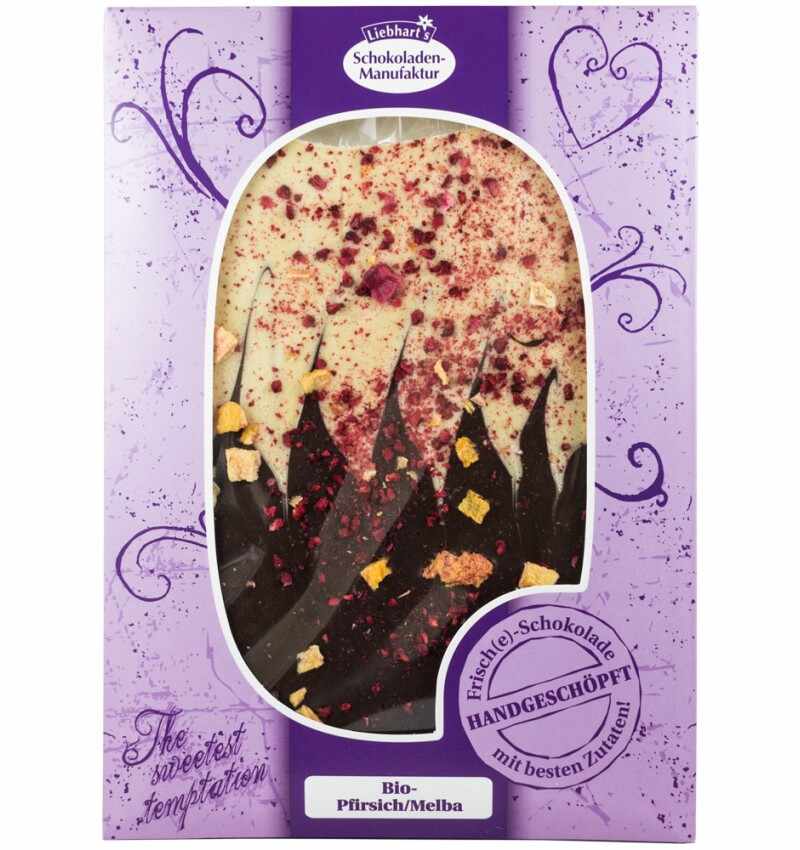 Ciocolata artizanala cu piersici/melba fara gluten eco-bio, 150g Liebhart`s