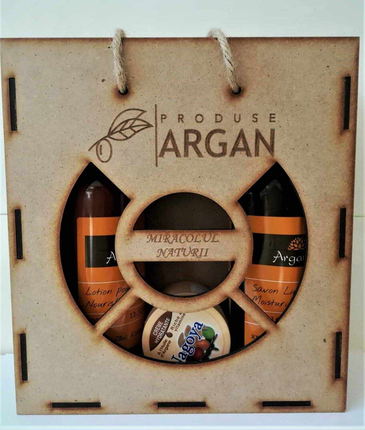 Set cadou cutie de lemn Lotiune de corp + Crema hidratanta + Sapun lichid cu argan, Argana