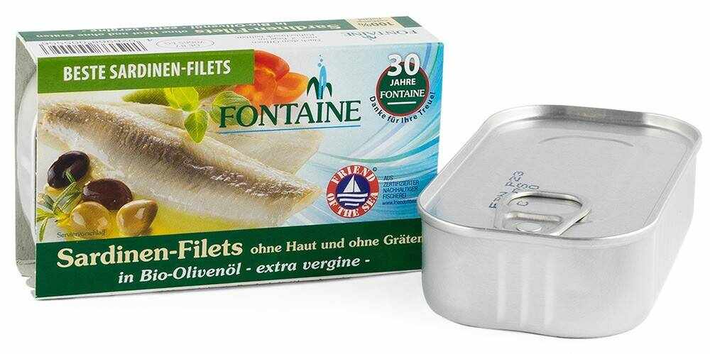 File de sardine fara piele si fara oase in ulei de masline, eco-bio, 120g - Fontaine