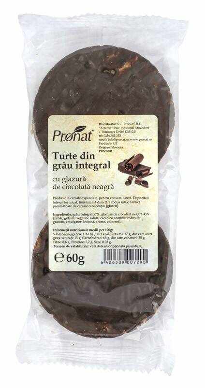 Turte din grau integral cu glazura de ciocolata neagra, 60 g, Pronat
