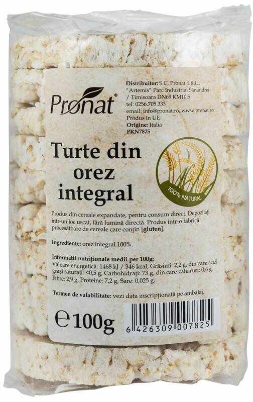 Turte natur din orez integral, fara sare eco-bio 100 g Pronat