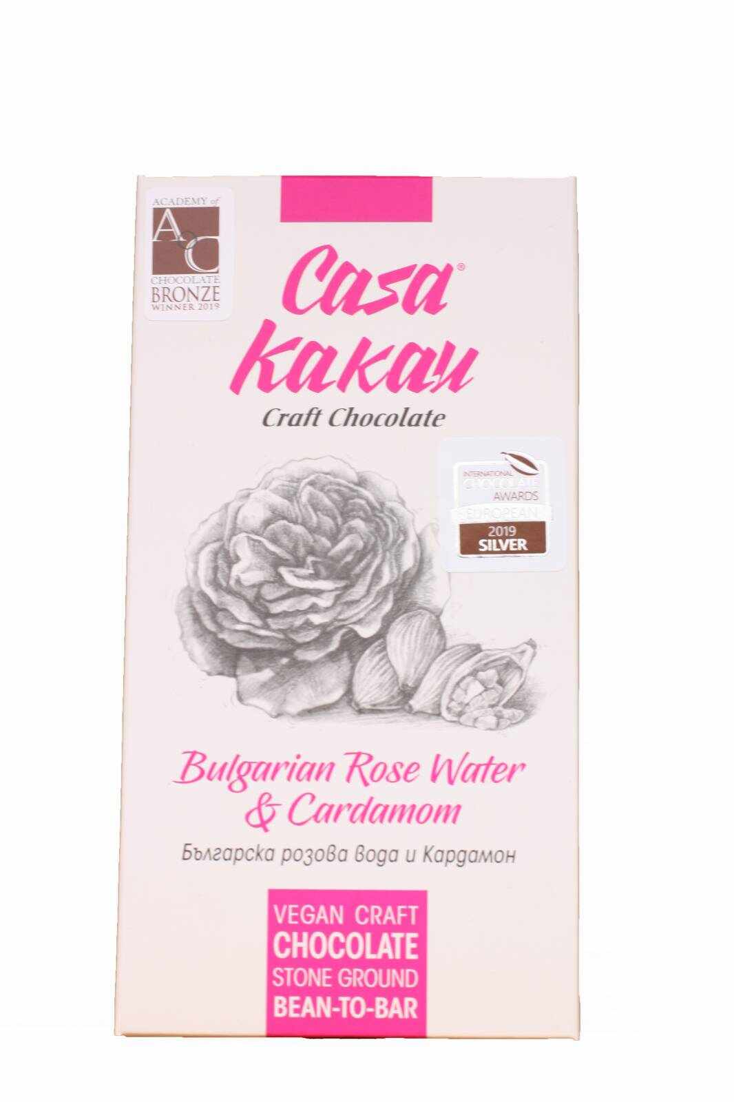 Ciocolata vegana cu apa de trandafir si cardamom, 70g - Casa Kakau