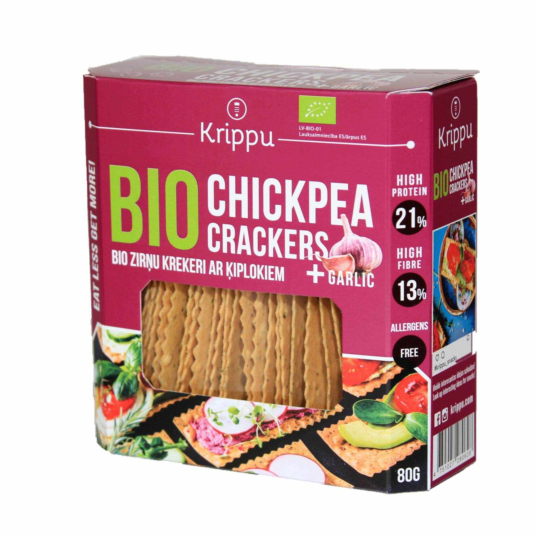 Crackers din naut cu usturoi,eco-bio, 80g - Krippu