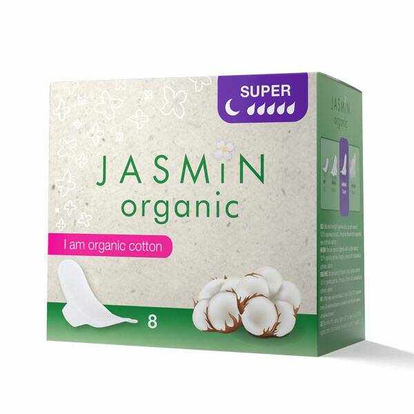 Absorbante de noapte cu bumbac organic si aripioare, 5picaturi, 8buc - Jasmin Organic
