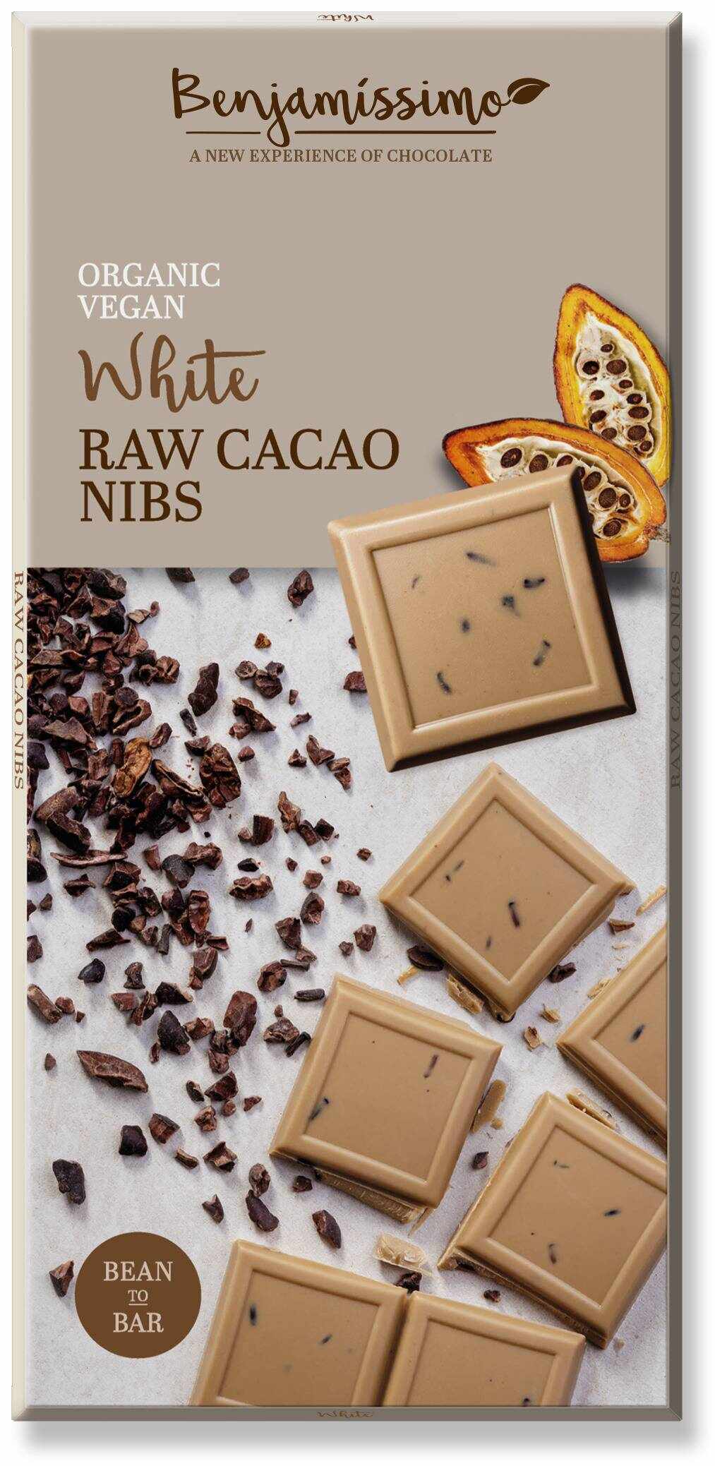 Ciocolata alba cu cacao nibs, eco-bio, 70g - Benjamissimo