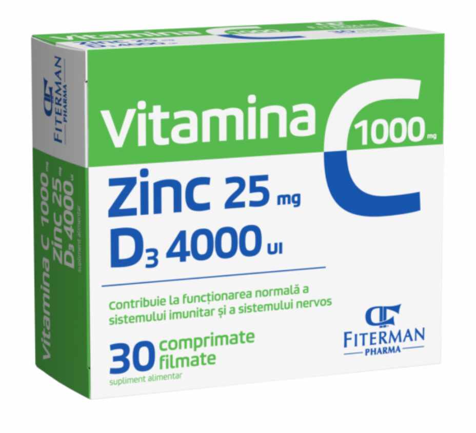 Vitamina C 1000mg, Zinc 25mg si D3 4000UI, 30cpr - Fiterman