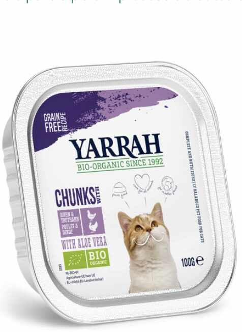 Bucati de hrana bio cu pui si curcan pentru pisici, 100g - Yarrah
