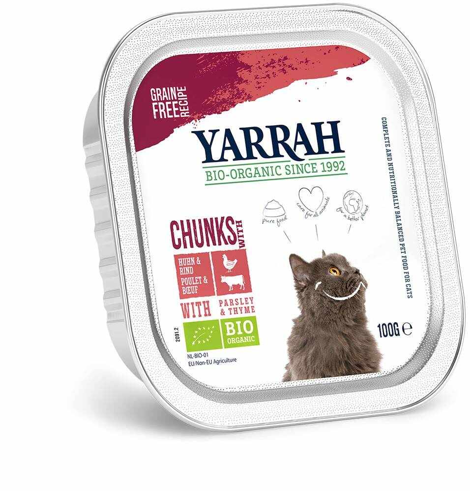 Hrana umeda pentru pisici cu carne de pui, vita, patrunjel si cimbru, eco-bio, 100g - Yarrah