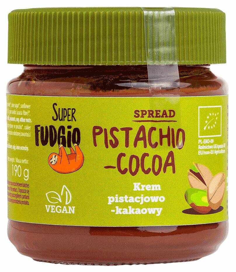 Crema tartinabila de ciocolata cu fistic si cacao, eco-bio, 190g - Super Fudgio