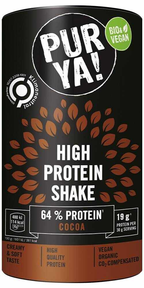 Pulbere pentru shake proteic cu cacao, 64% proteina, eco-bio, 480 g, Pur Ya