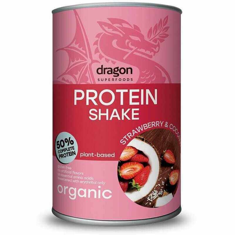 Shake proteic capsuni si cocos bio 450g Dragon Superfoods