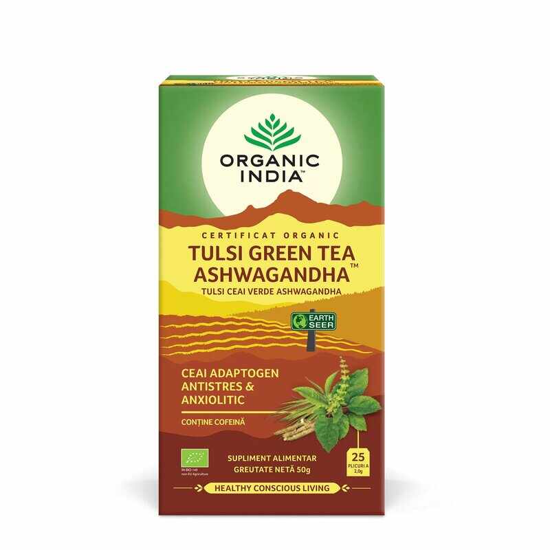 Ceai Tulsi (Busuioc Sfant) Ceai Verde Ashwagandha - Ceai Adaptogen Antistres si Anxiolitic, 25 de plicuri, Organic India