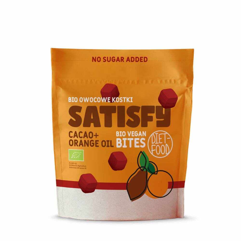 Bio Bites SATISFY – cuburi de fructe cu ciocolata si portocale, eco-bio, 120g Diet-Food