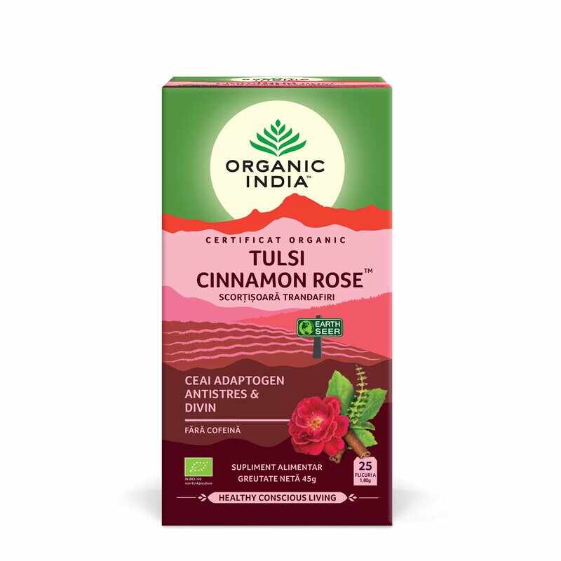 Ceai Tulsi (Busuioc Sfant) Scortisoara Trandafiri - Ceai Adaptogen Antistres si Divin, 25 de plicuri, Organic India
