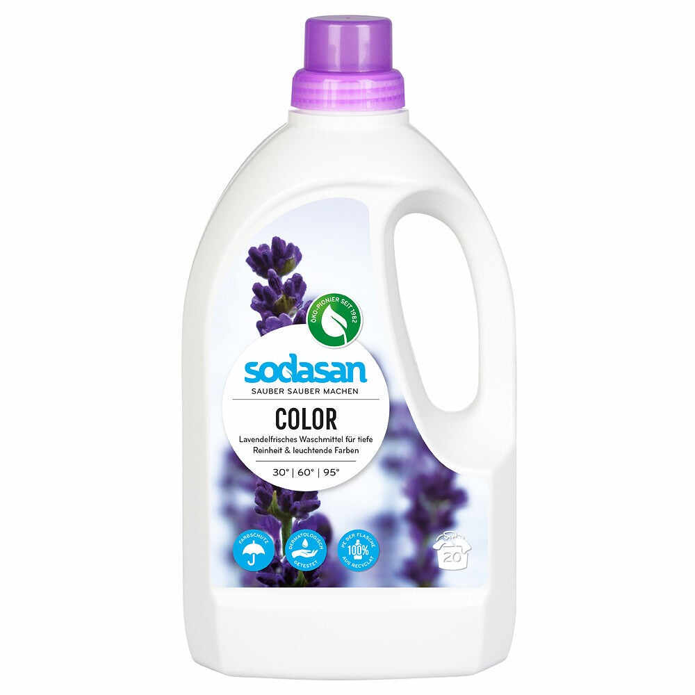 Detergent, bio, lichid rufe albe si color lavanda, 1.5L, sodasan