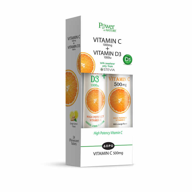 Vitamina C 1000mg + D3 1000iu cu Stevie + Vitamina C 500mg, tablete efervescente, Power Of Nature