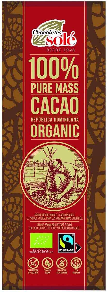 Ciocolata neagra fairtrade 100% cacao Eco-Bio 25g - Chocolates Sole