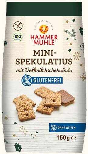 Mini biscuiti Spekulatius glazurati cu ciocolata cu lapte, fara gluten, 150g - Hammer Muhle