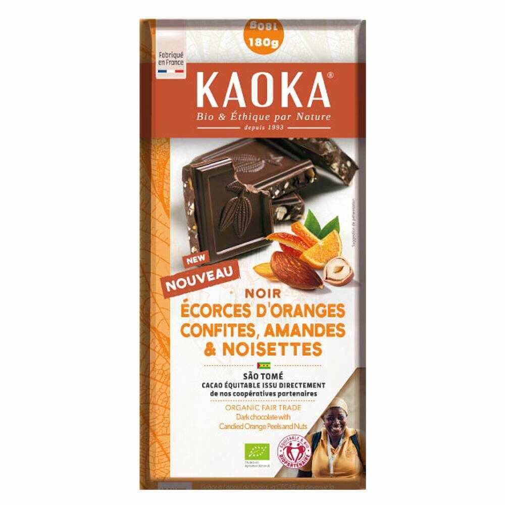 Ciocolata neagra, cu coji de portocale confiate, migdale si alune, 180g - Kaoka