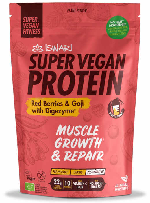 Proteina Super Vegan BIO(dupa efort) fructe rosii si goji cu DigeZyme(format mediu) Iswari